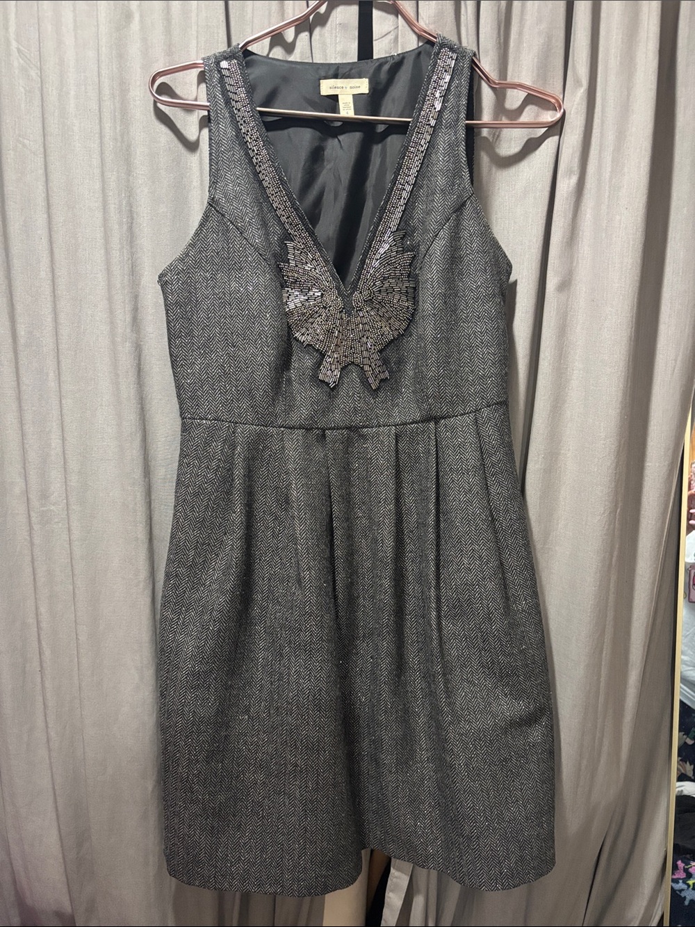 Silence + Noise Herringbone Beaded Bow Dress Size 4 Gray